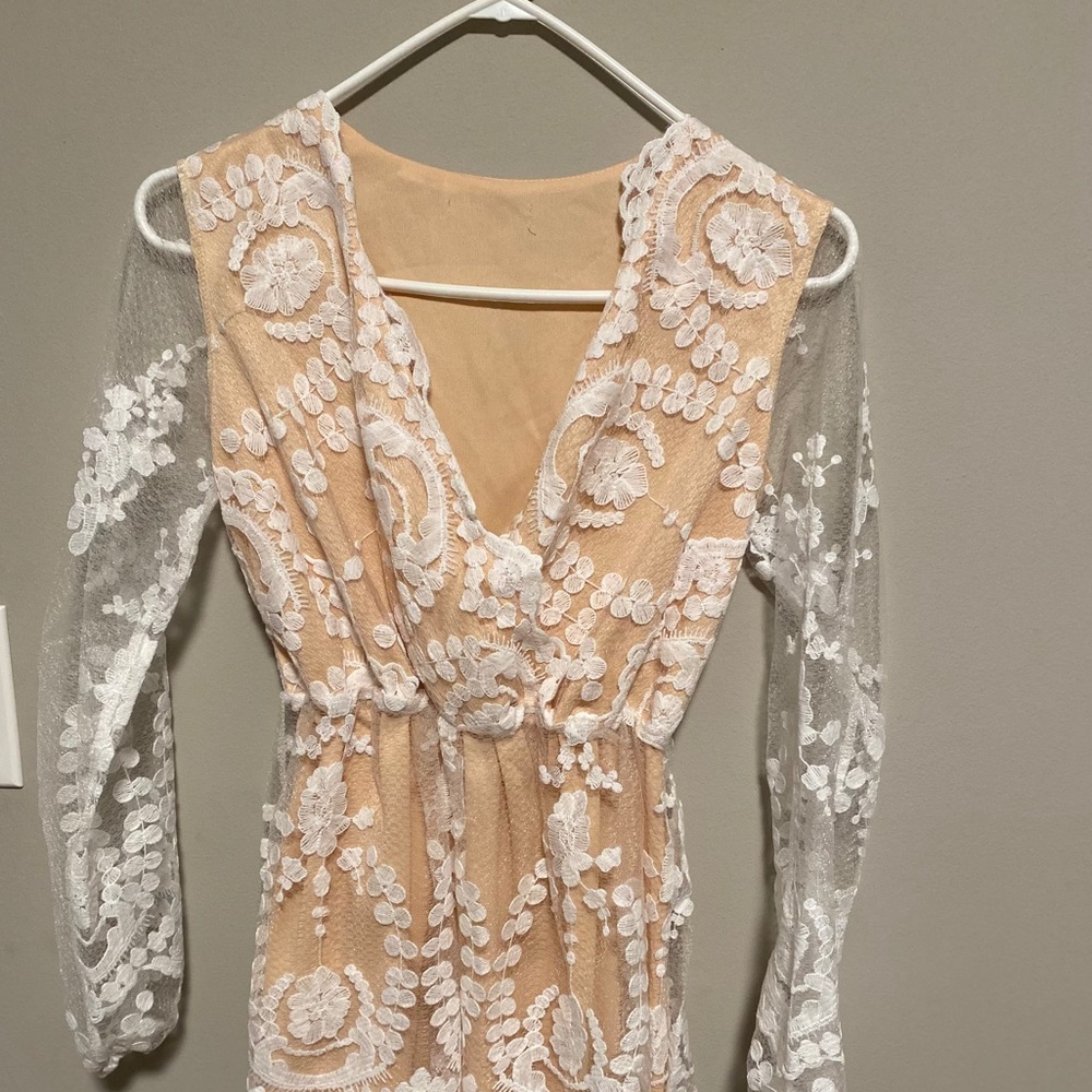 Nude dress with white lace
